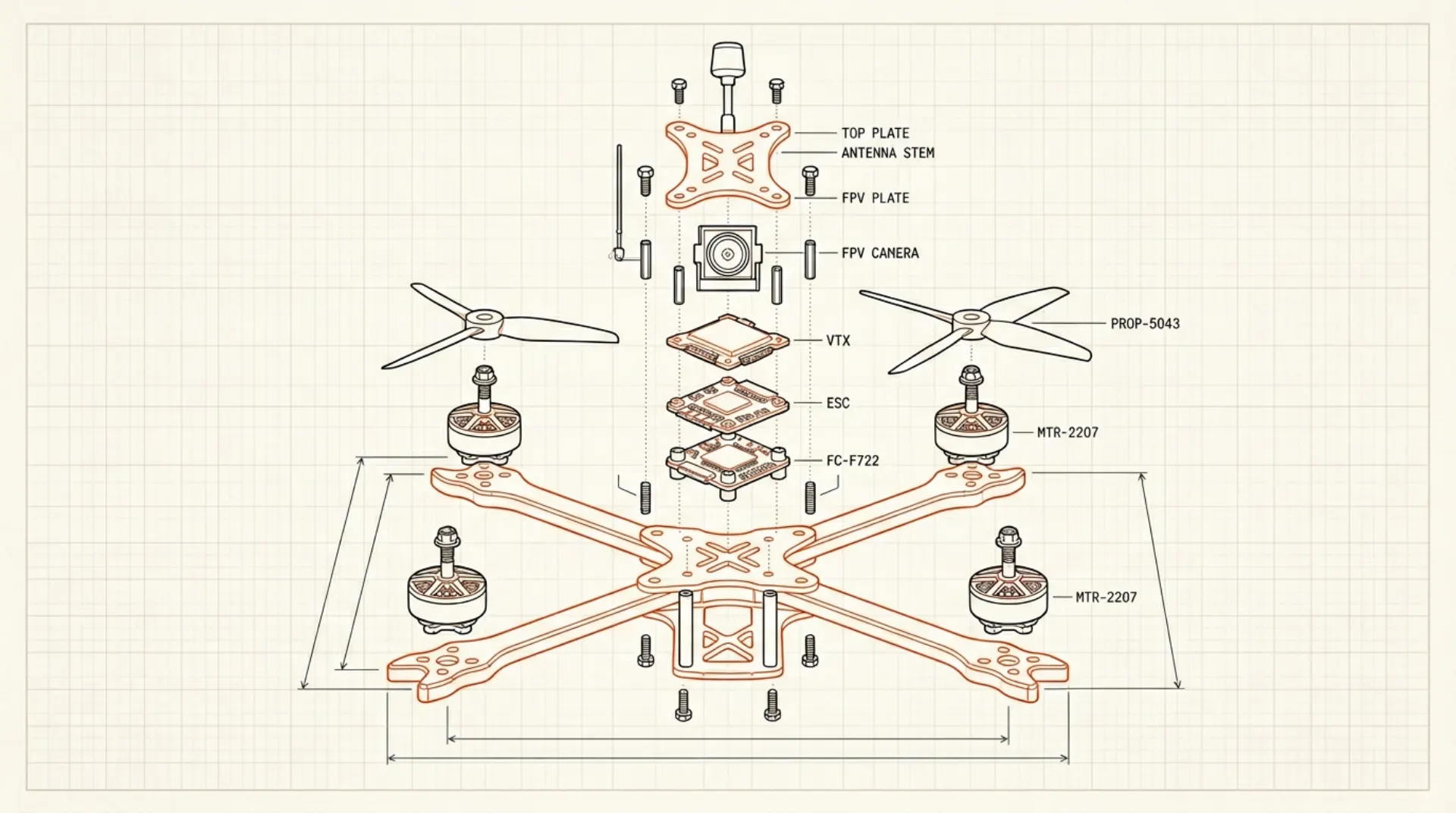 Exploded blueprint of a quadcopter