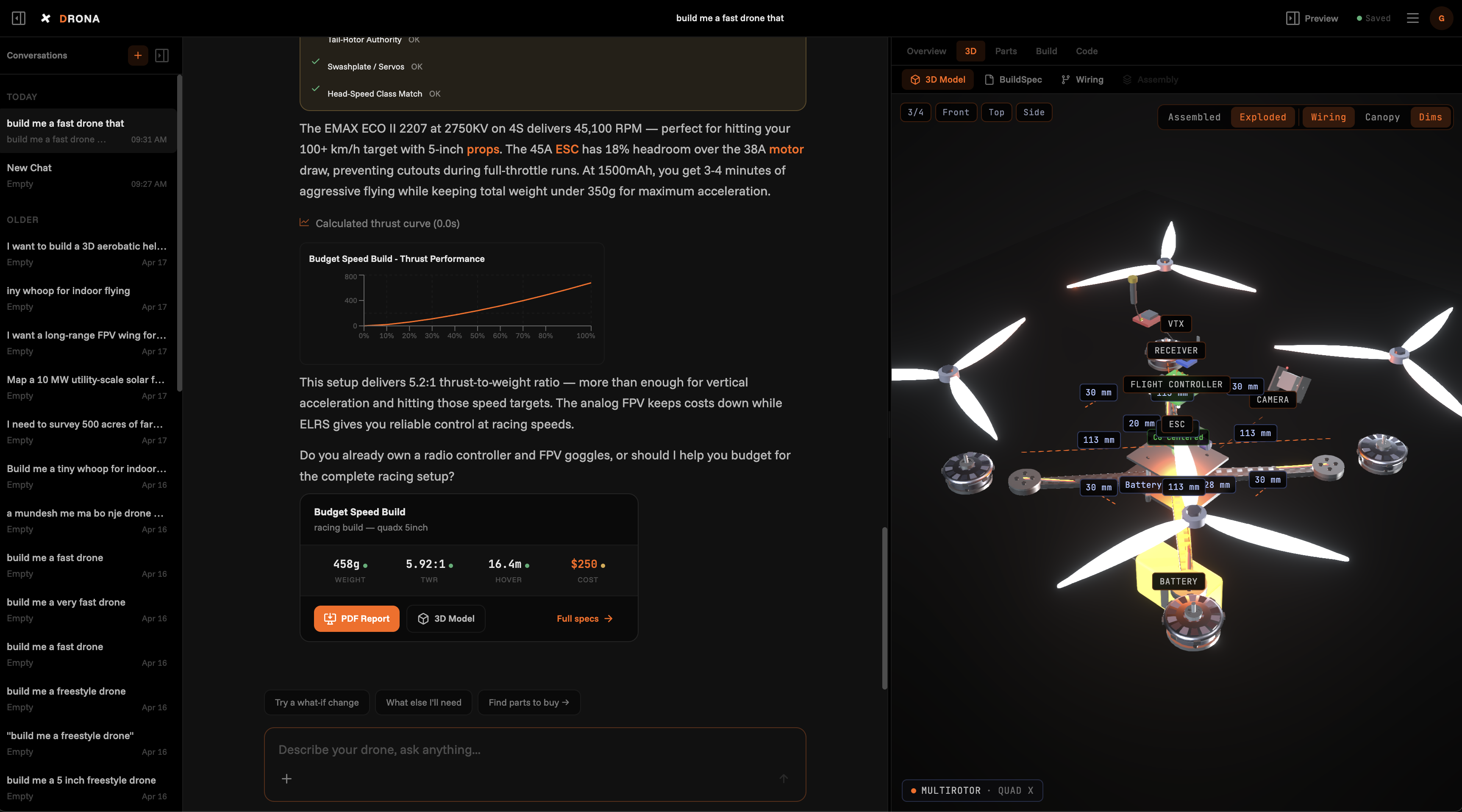 DRONA interface · conversation, 3D airframe, and bill of materials