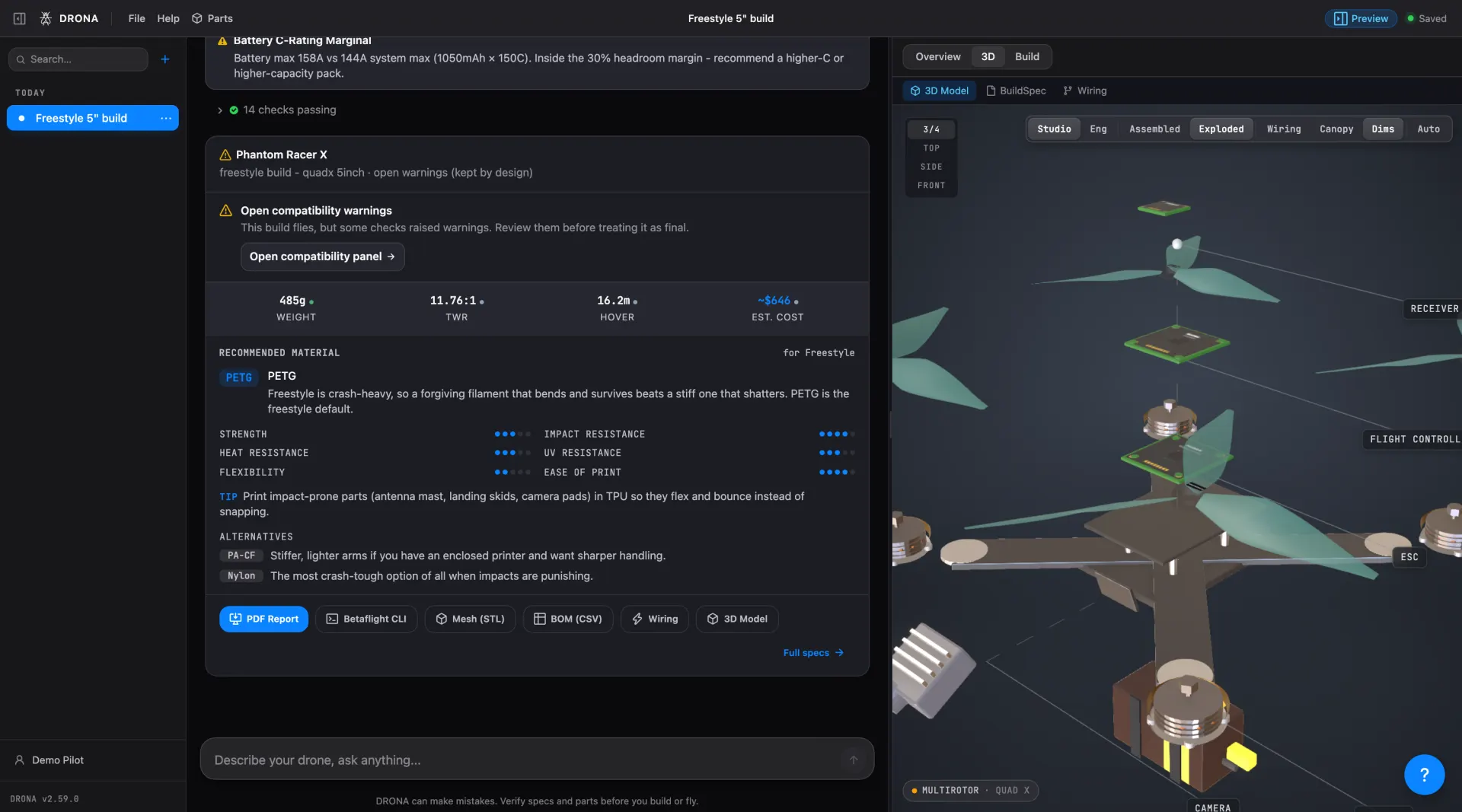 DRONA interface · conversation, 3D airframe, and bill of materials