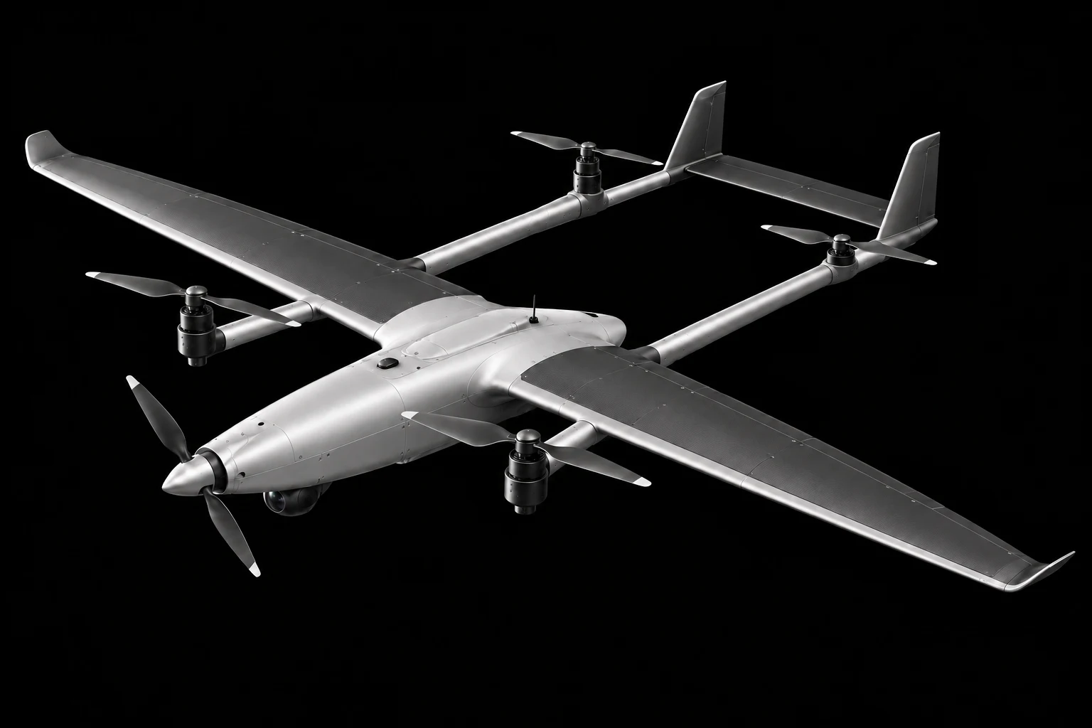 Studio render of a fixed-wing VTOL aircraft with four lift rotors